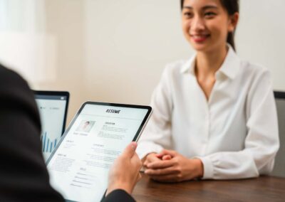 Company Human Resource (HR) is holding a resume application on tablet in hand.